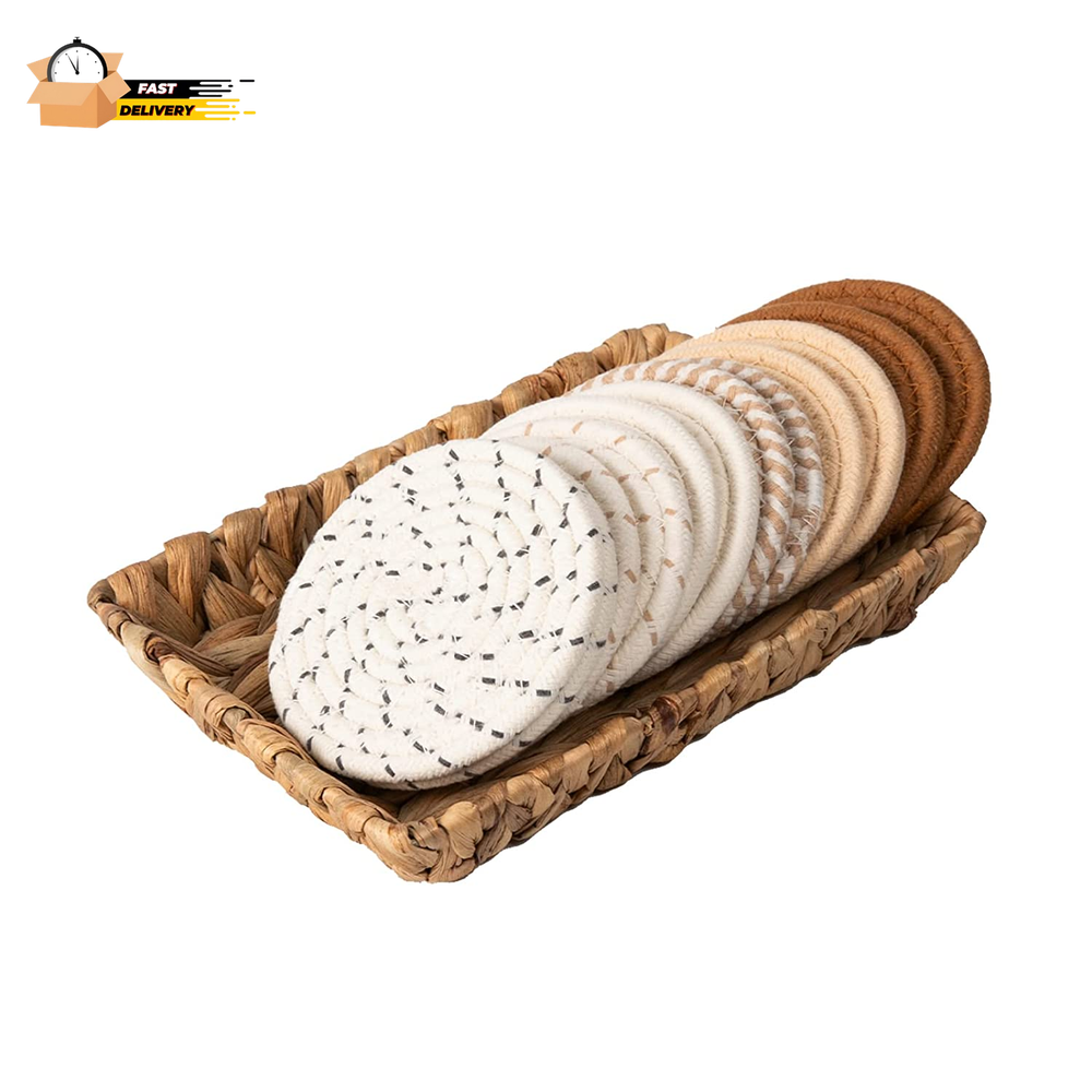 Boho Water Hyacinth Drink Coasters and Storage Basket Set - 6 Styles, 12 Pieces