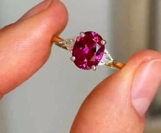 3.75 Ct Oval Cut Pink Sapphire & Diamond Ring Real 14k SOLID Yellow Gold