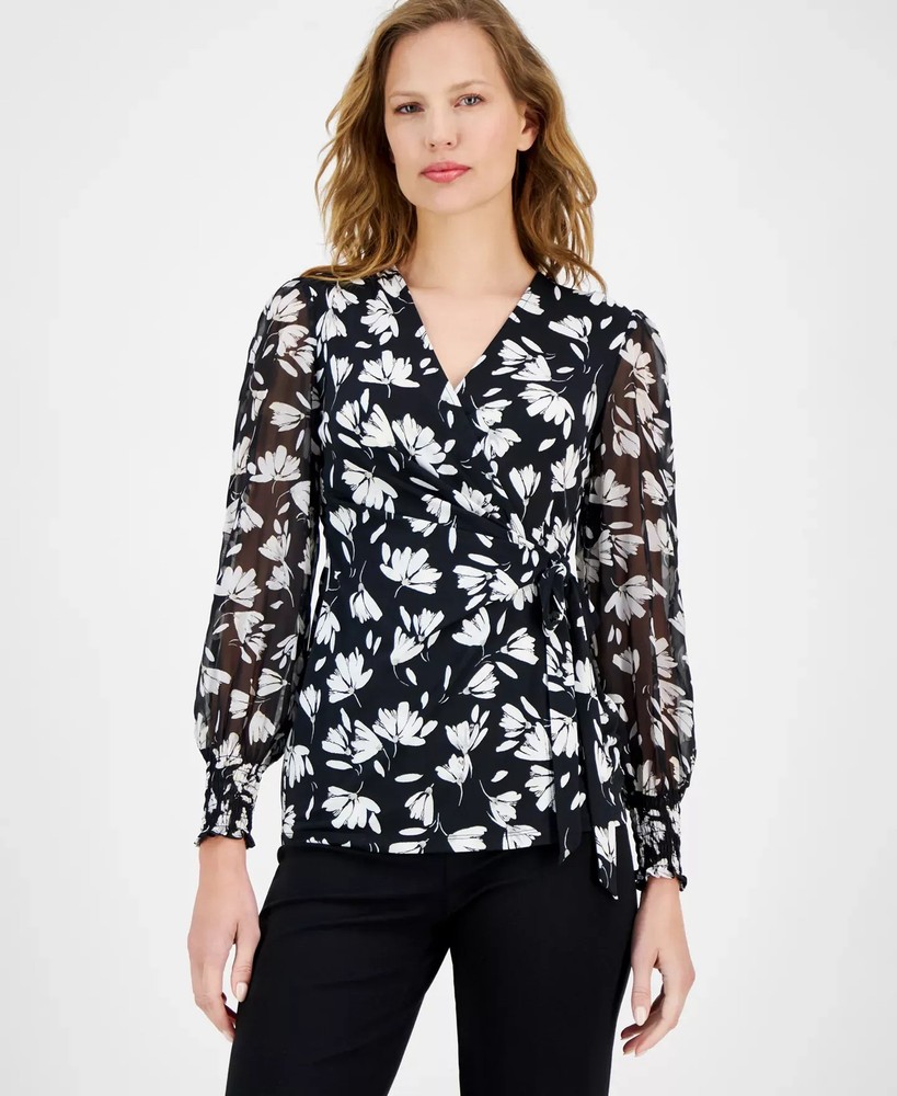 Anne Klein Women's Top Sz M Mixed Media Faux-Wrap Long-Sleeve