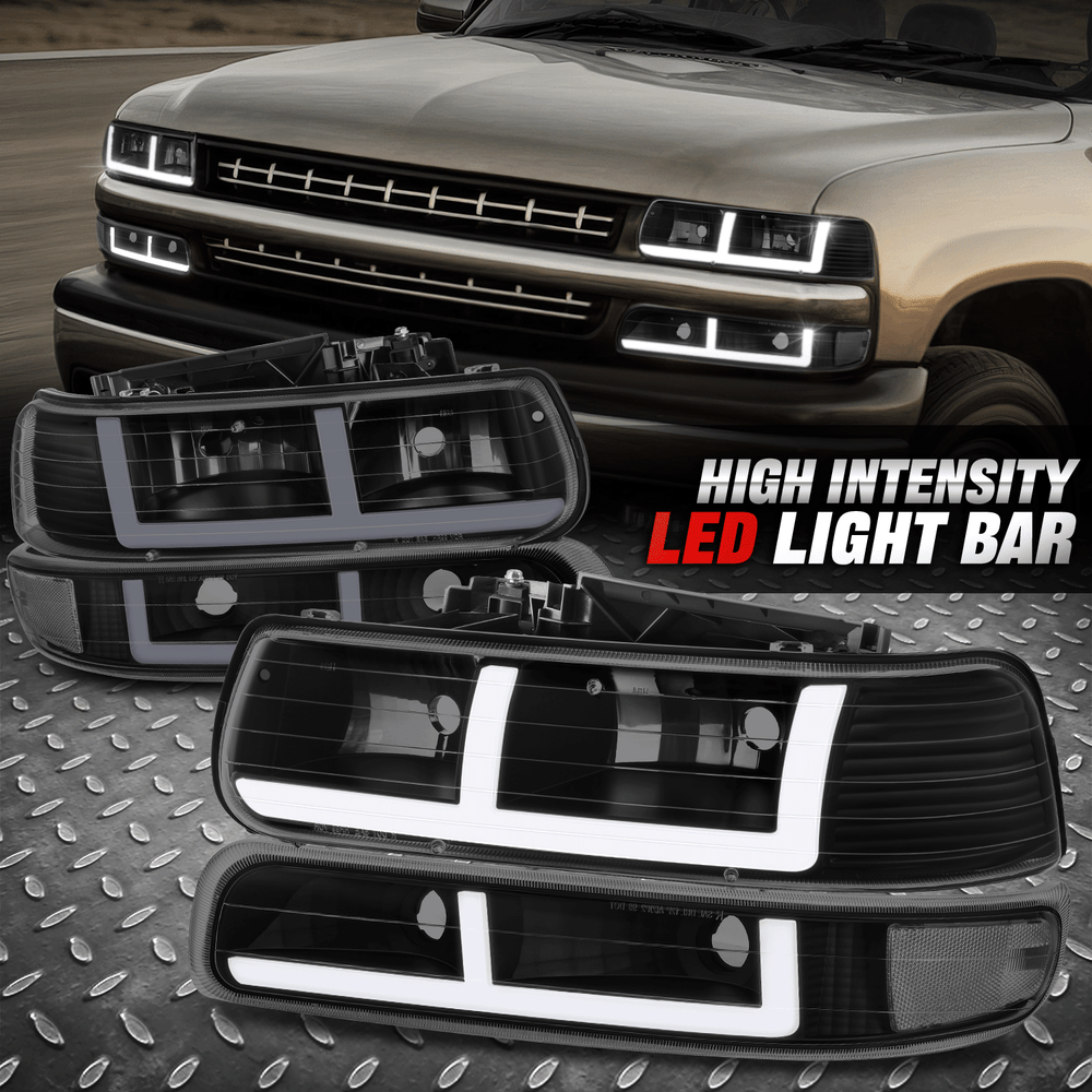For 99-02 Silverado 00-06 Suburban Tahoe LED DRL Headlights Black Smoke Lens