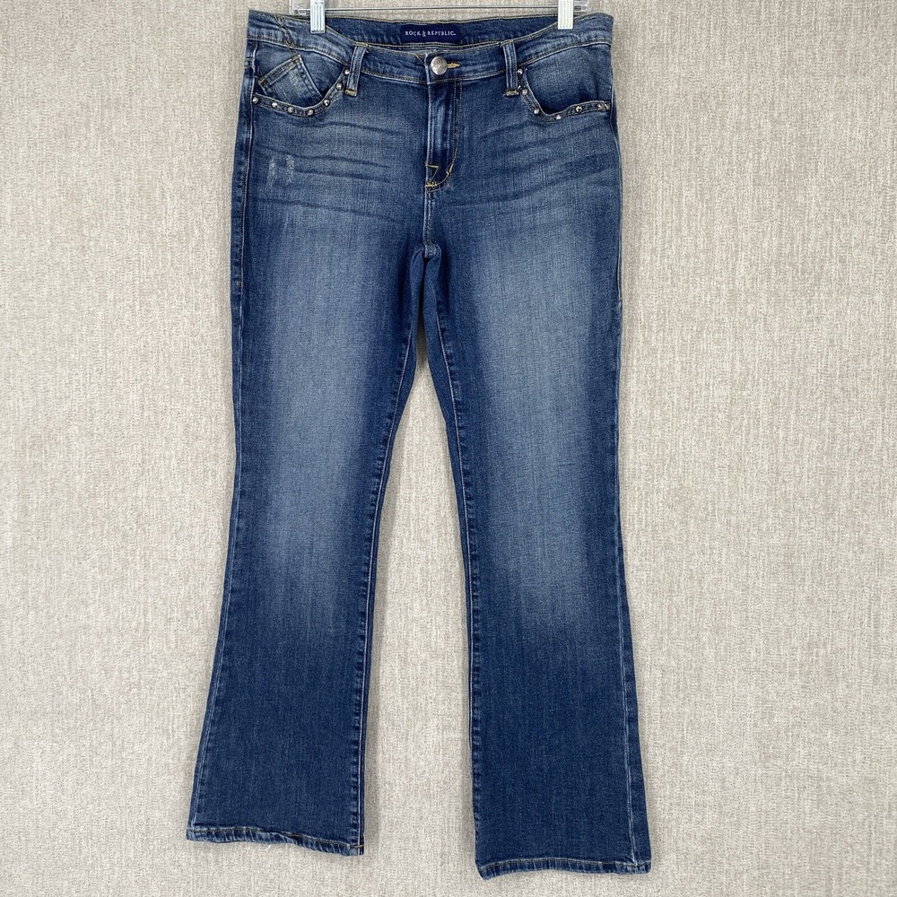Rock Republic Womens Bootcut Flare Stretch Jeans with Embroidered Studs Size 14