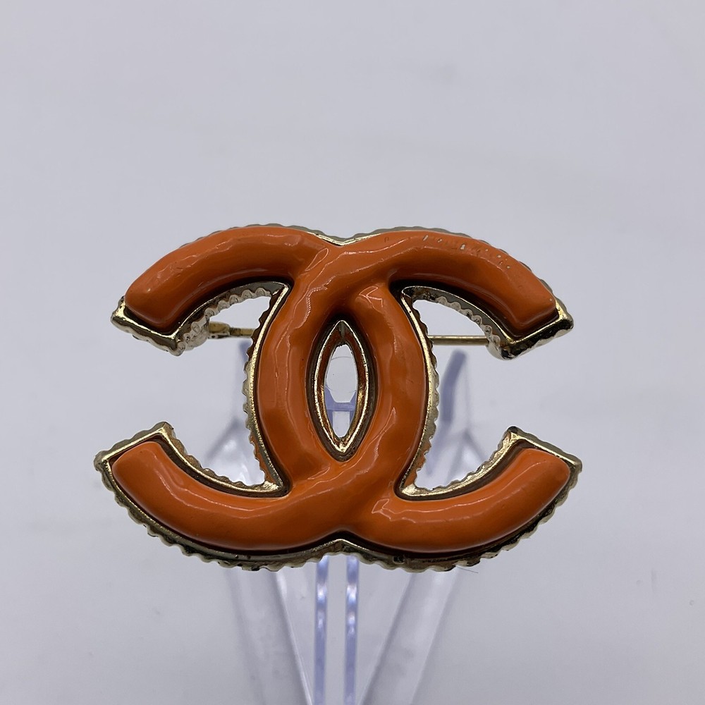Vintage Large Gold And Orange CHANEL Classic CC Logo Brooch Pin Made in France