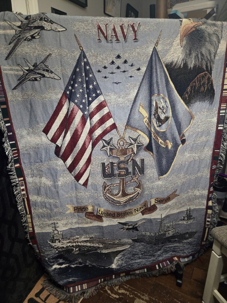 US Navy Aircraft Carrier Flag Eagle Afghan Military Throw Blanket