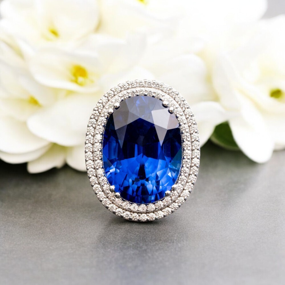 28.16 Ct Oval Cut Lab Grown Blue Sapphire Wedding Ring 18K Gold Natural Diamond