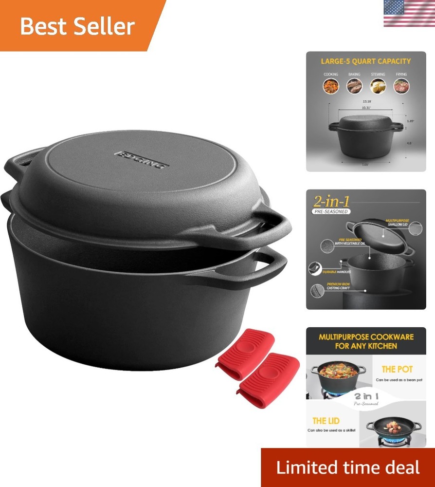 Versatile 5 Quart Cast Iron Dutch Oven with Skillet Lid for Superior Cooking