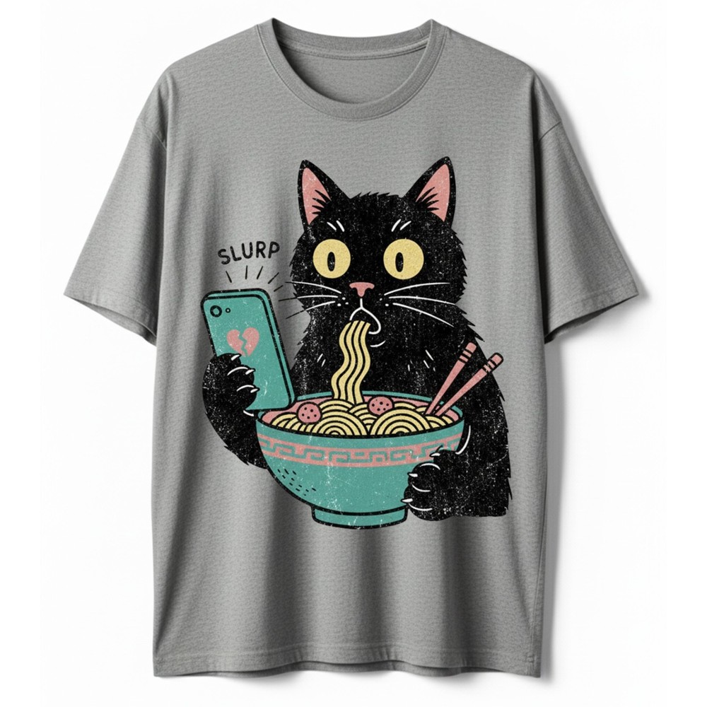 Black Cat Eating Ramen T-Shirt Slurp Noodles Funny Broken Heart Phone Kawaii Tee
