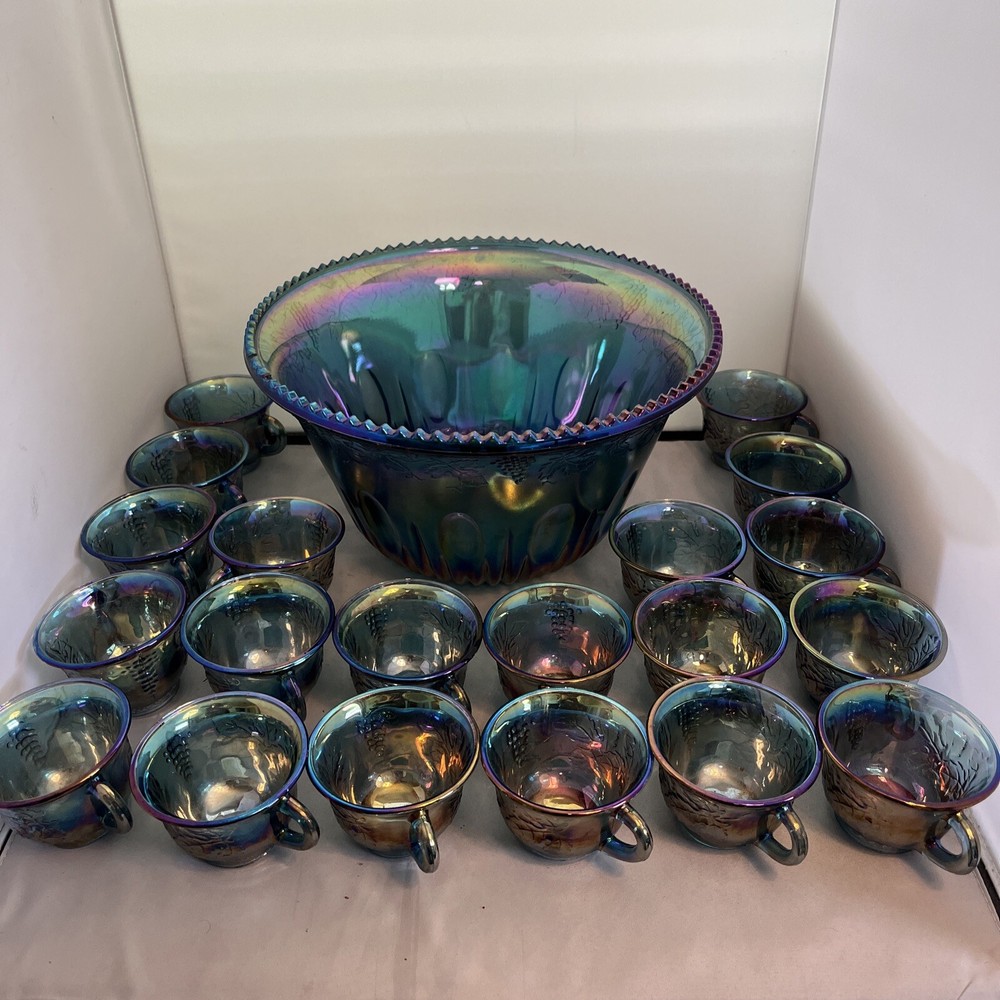 Vintage Blue Harvest Carnival Glass Punch Bowl Set with 20 Cups