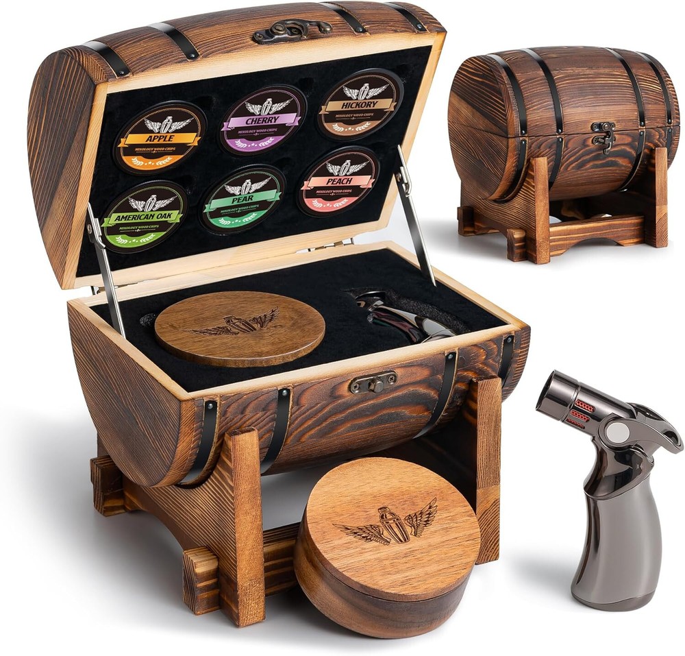 Whiskey Smoker Kit with Wooden Display Barrel for Cocktail Smoking