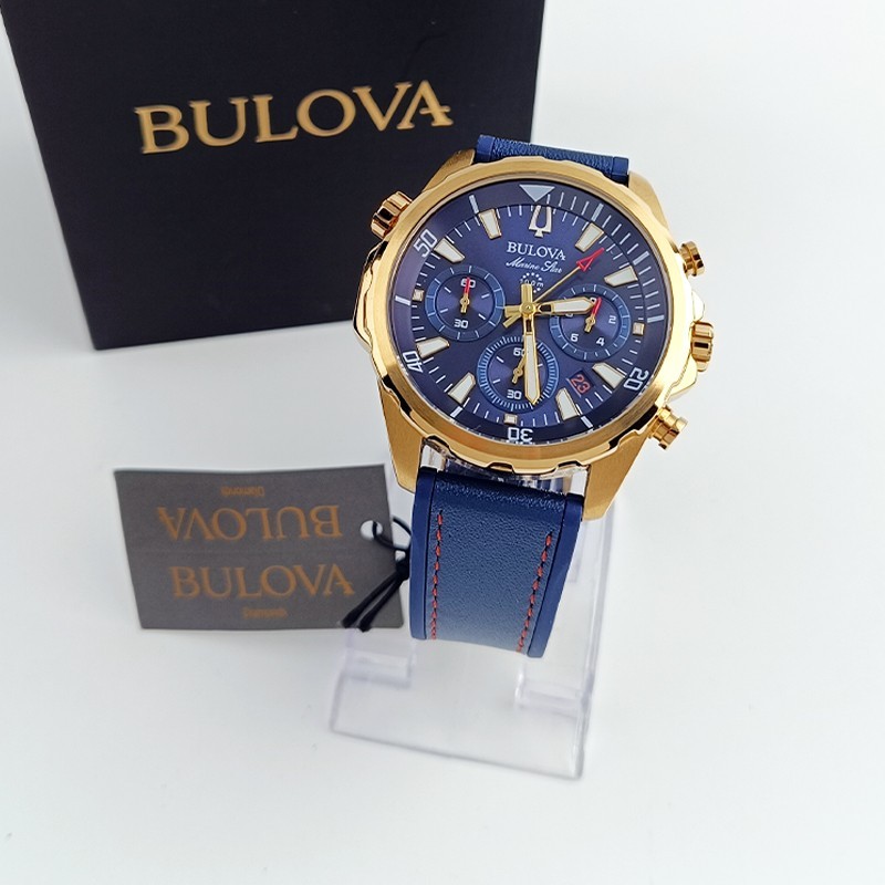 Bulova Marine Star Classic Blue Dial/Gold  Silicone Men Quartz Watch 97B168 43mm