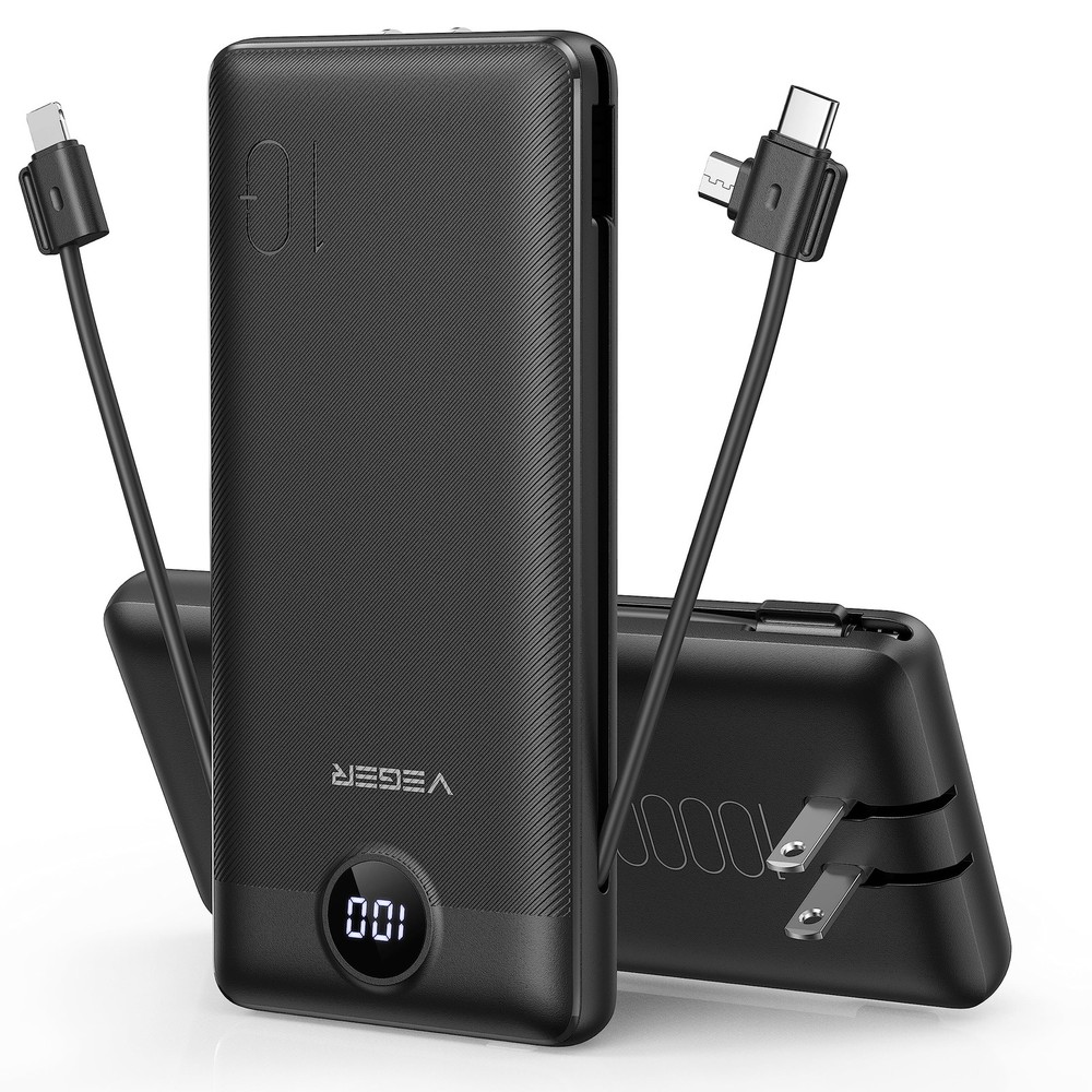 10000mAh Slim Portable Charger for iPhone with Built-in Cables & Wall Plug