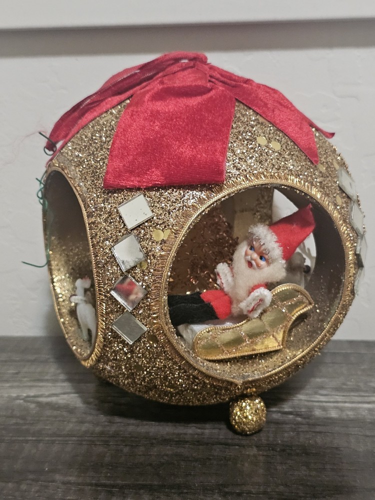 Vintage Large CHRISTMAS DIORAMA GLITTERED STYROFOAM SANTA SLEIGH REINDEER UP