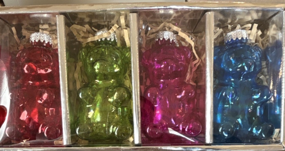 Glass Gummy Bear Christmas Ornaments Set of 4 Hanging Red Green Pink Blue