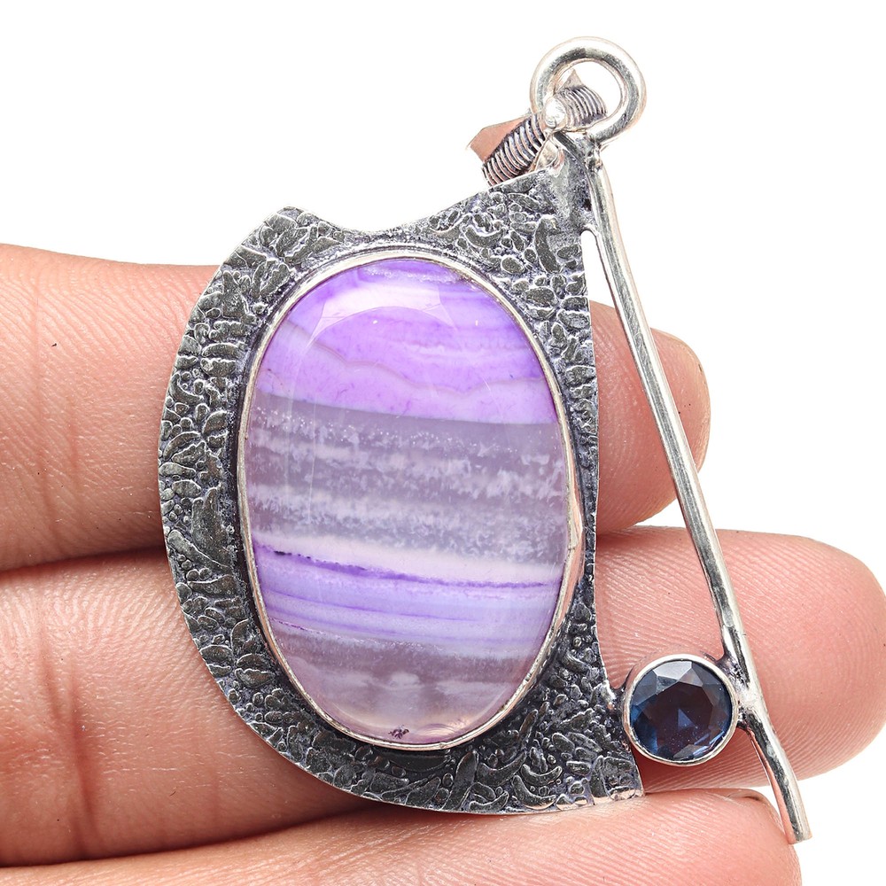 Botswana Agate Blue Pendant Silver Ethnic Jewelry for Valentine's Day 2 Inch