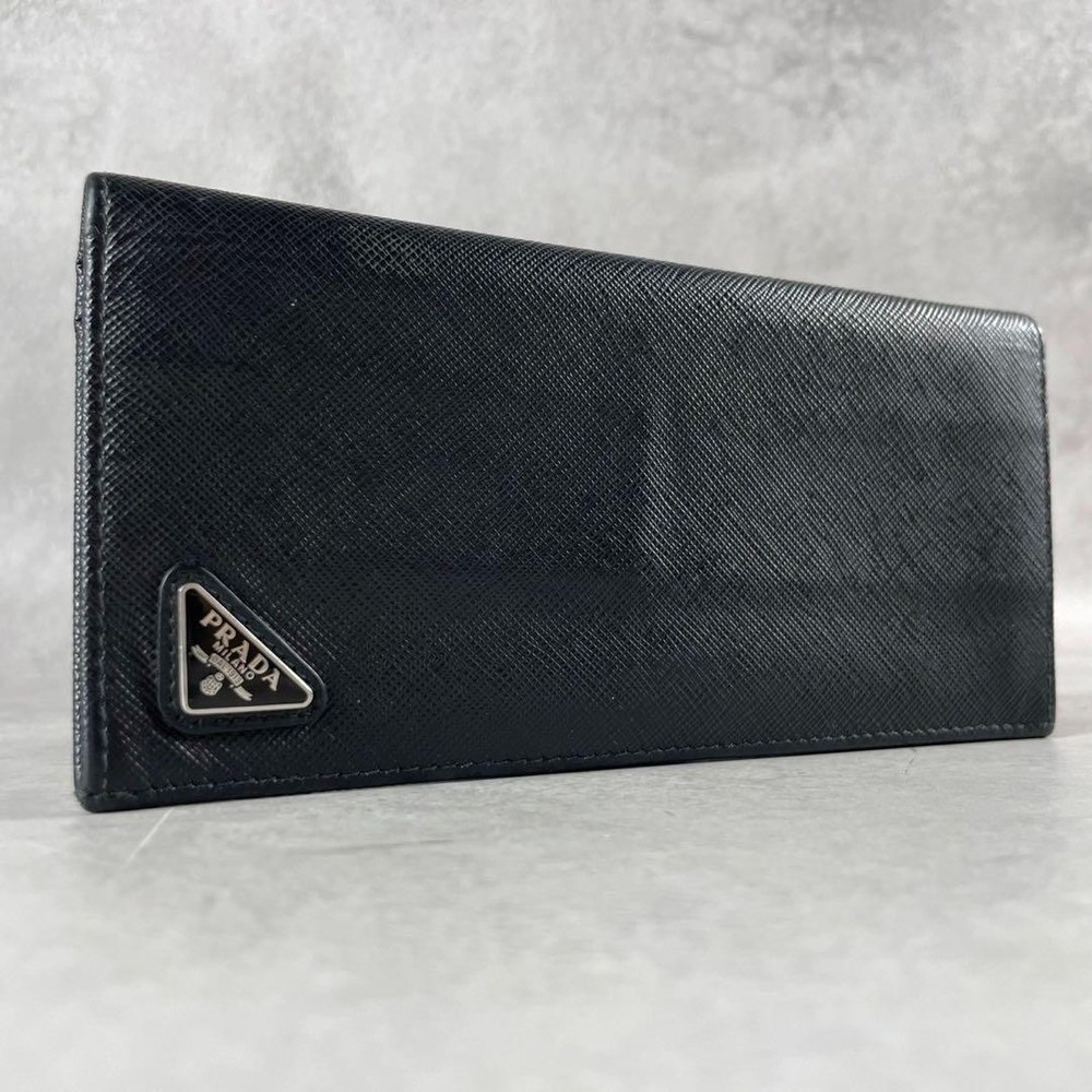 Prada Black Saffiano Leather Long Wallet with Triangle Logo Metal Fittings