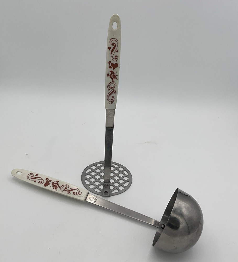 Vintage CI Ladle And Masher Utensil Set Japan Plastic Handles Birds Hearts