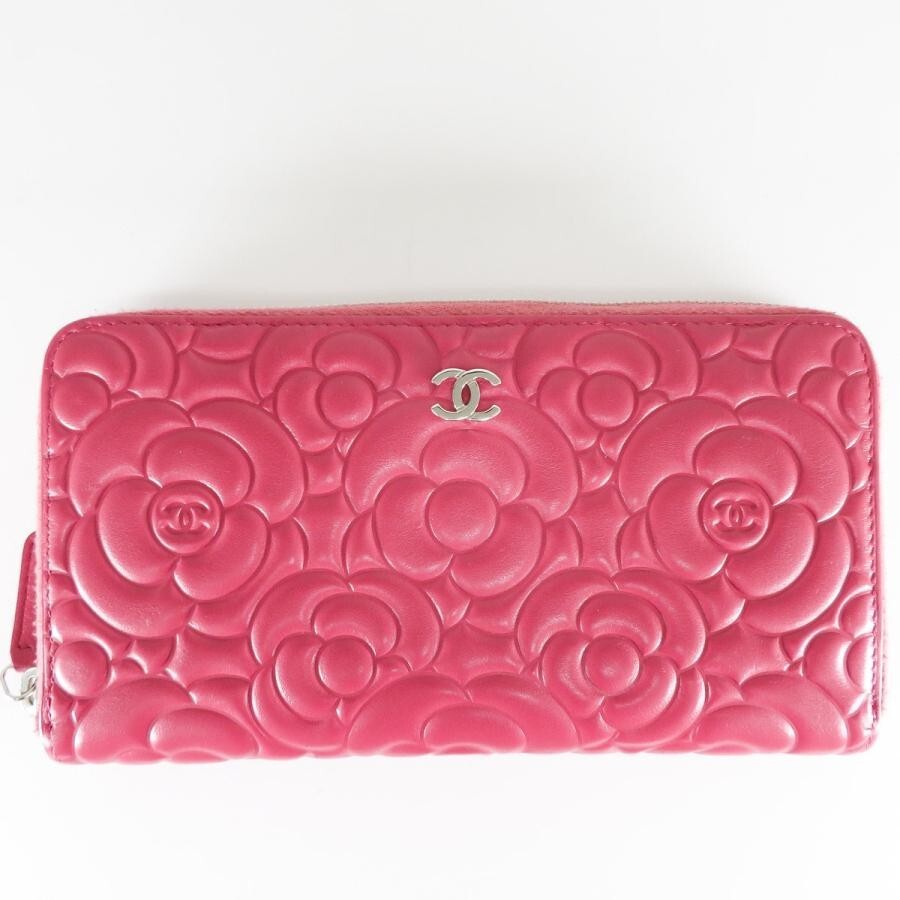 Chanel Camellia Round Pink Leather Zipper Long Wallet A822181 With Box
