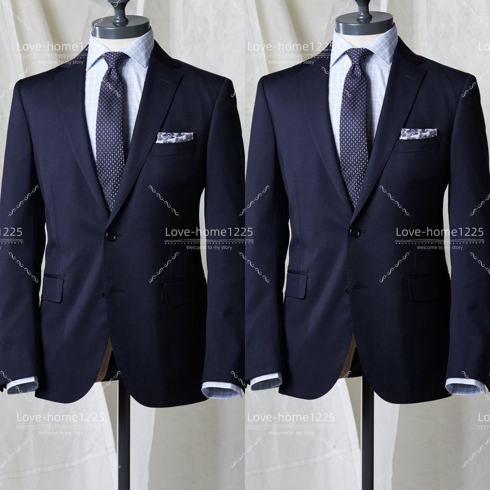 Business Men's Suit for Work Offical Formal 2Pcs Navy Blue Tuxedo Jacket Pants