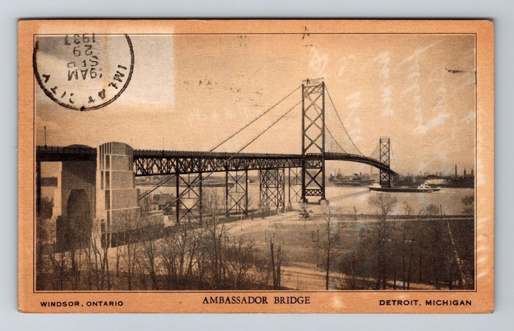 Detroit MI-Michigan, Ambassador Bridge, c1937 Vintage Postcard