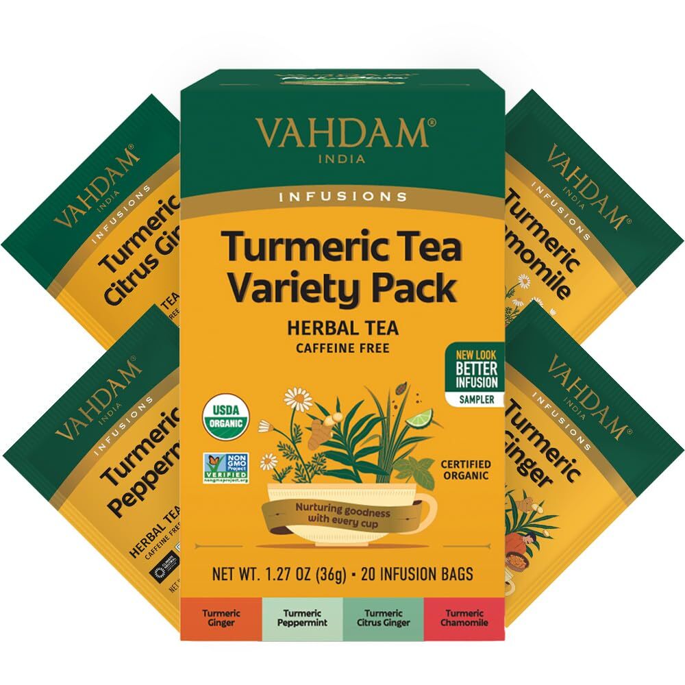 VAHDAM Organic Turmeric Herbal Tea Sampler (20 Tea Bags 4 Flavors) USDA Organ...