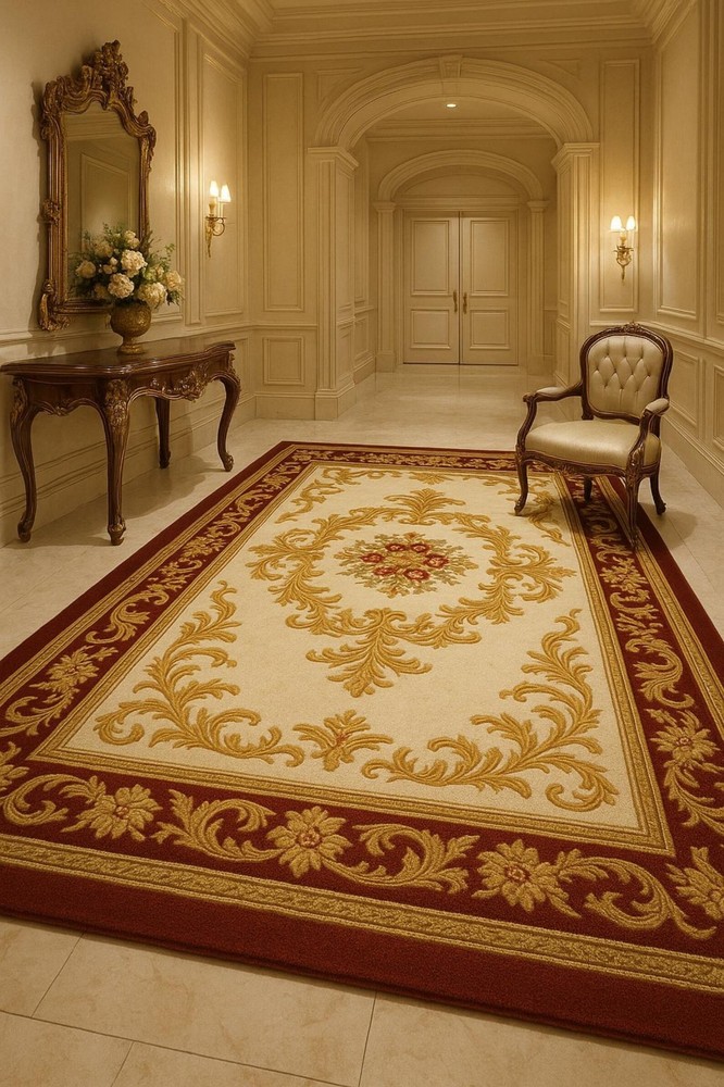Luxury Red & Cream Tufted Floral Rug – Gold Motif Traditional Carpet