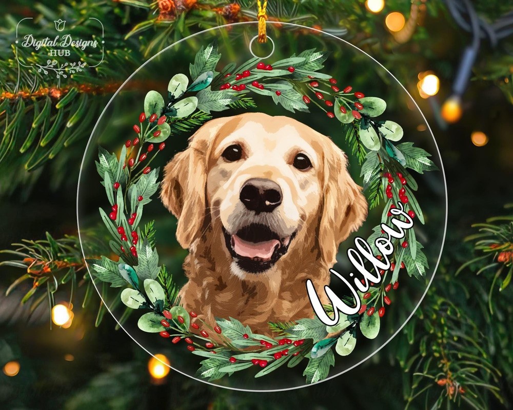 Custom Dog Portrait Photo Ornament  Personalized Dog Ornament With Photo   Name