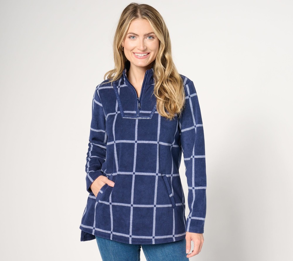 Susan Graver Women's Top Sz M Printed Fleece Pullover Tunic Blue A658673