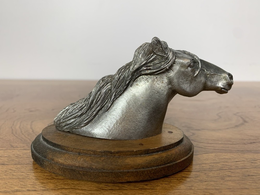 Vintage 1990s Metzke Pewter Horse Head Wood Plaque Signed Equestrian Decor