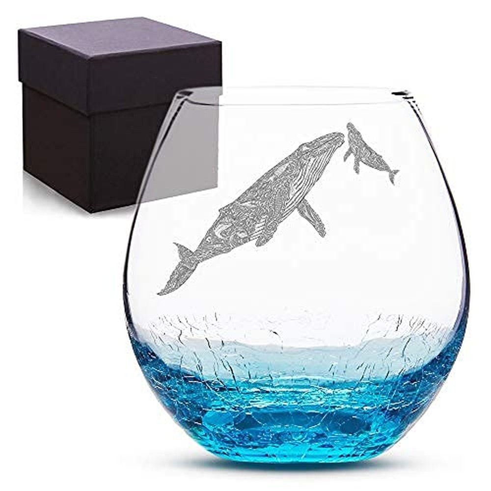 Valentines Day Gift for Mom, Whales Stemless Etched Crackle Teal Wine Glass-image