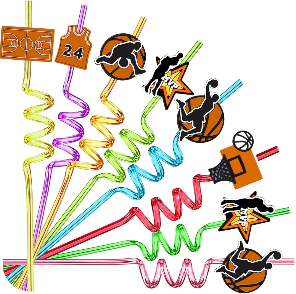 24Pcs Basketball Themed Twisty Reusable Plastic Straws for Basketball Party Favo