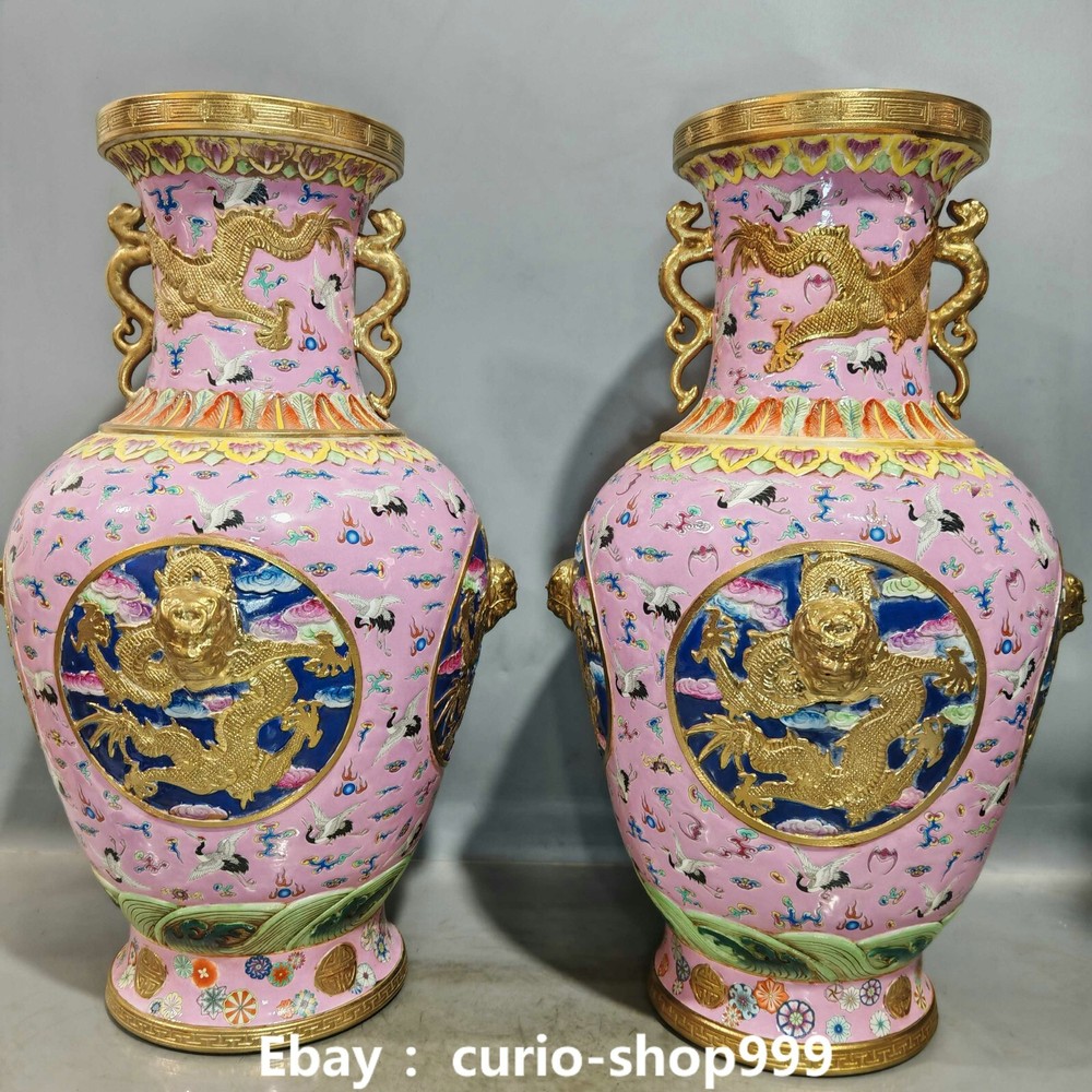 20.8 Inch Qianlong Famille Rose Porcelain Gold Dragon Grand Animal Bottle Vase Pair, Antique Chinese Decor