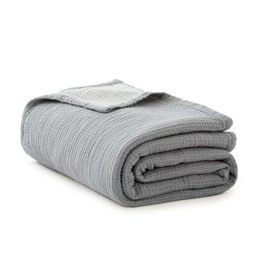 Soft lightweight king-size grey cotton muslin blanket for bed and couch