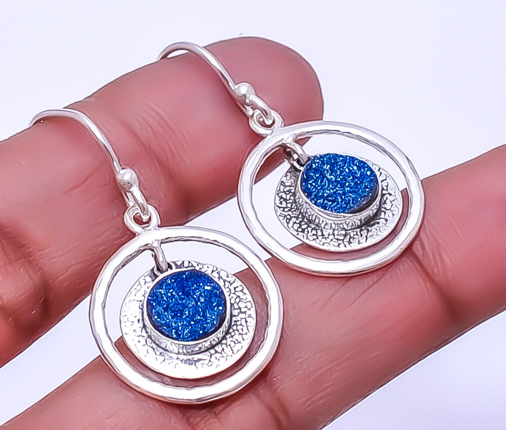Electric Blue Titanium Agate Drusy Handmade 925 Sterling Silver Earring 1.48