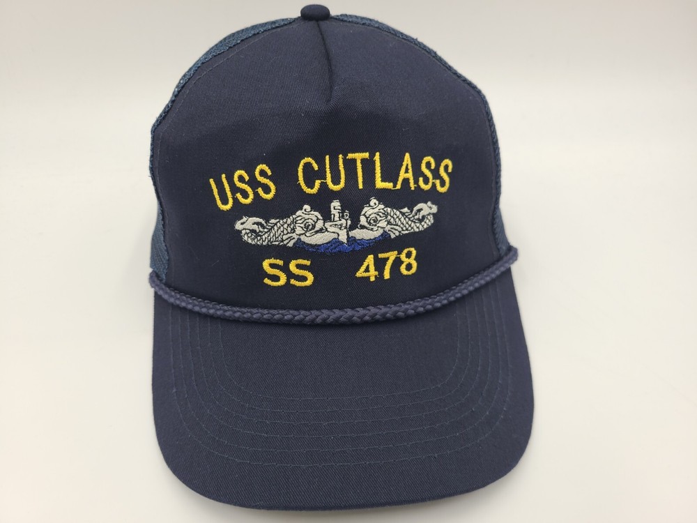 Vintage US Navy USS Cutlass SS 478 Rope Mesh Trucker Snapback Hat Cap Men Blue