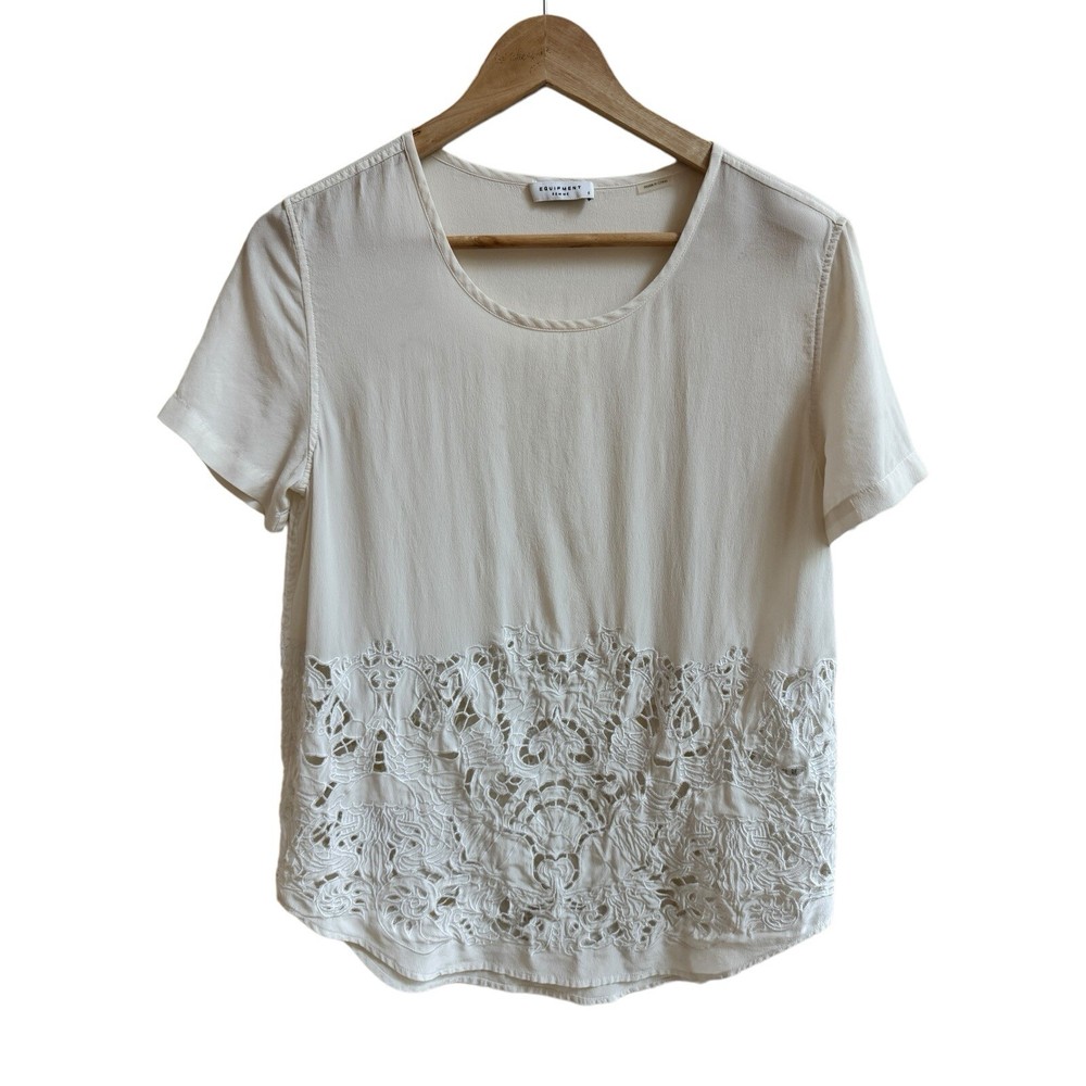 Equipment Ivory Short Sleeve Round Neck Lace Cut Out Womens Size S Silk Blouse