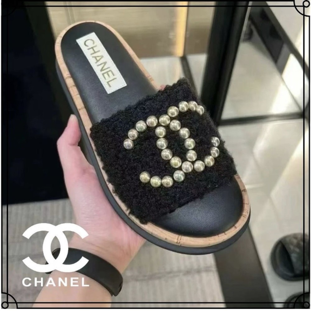 CHANEL CC Pearl Logo Tweed Mule Slides Size 40