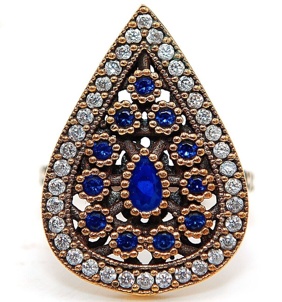 Vintage Ottoman Empire 2CT Blue Sapphire Sterling Silver Ring Size 8  