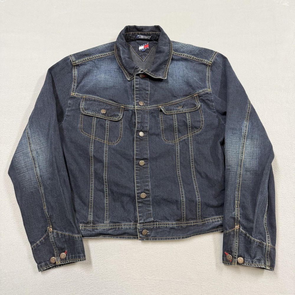 Tommy Jeans Jacket Mens XL Blue Denim Bomber Button Front Casual Logo Trucker