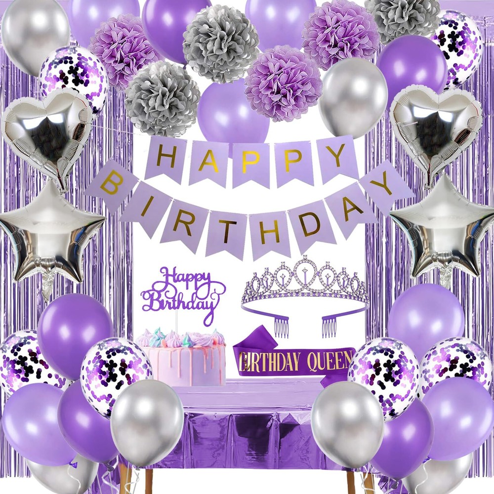 Rabbmall Purple & Silver Birthday Decorations for Women Girls Lavender Party Supplies