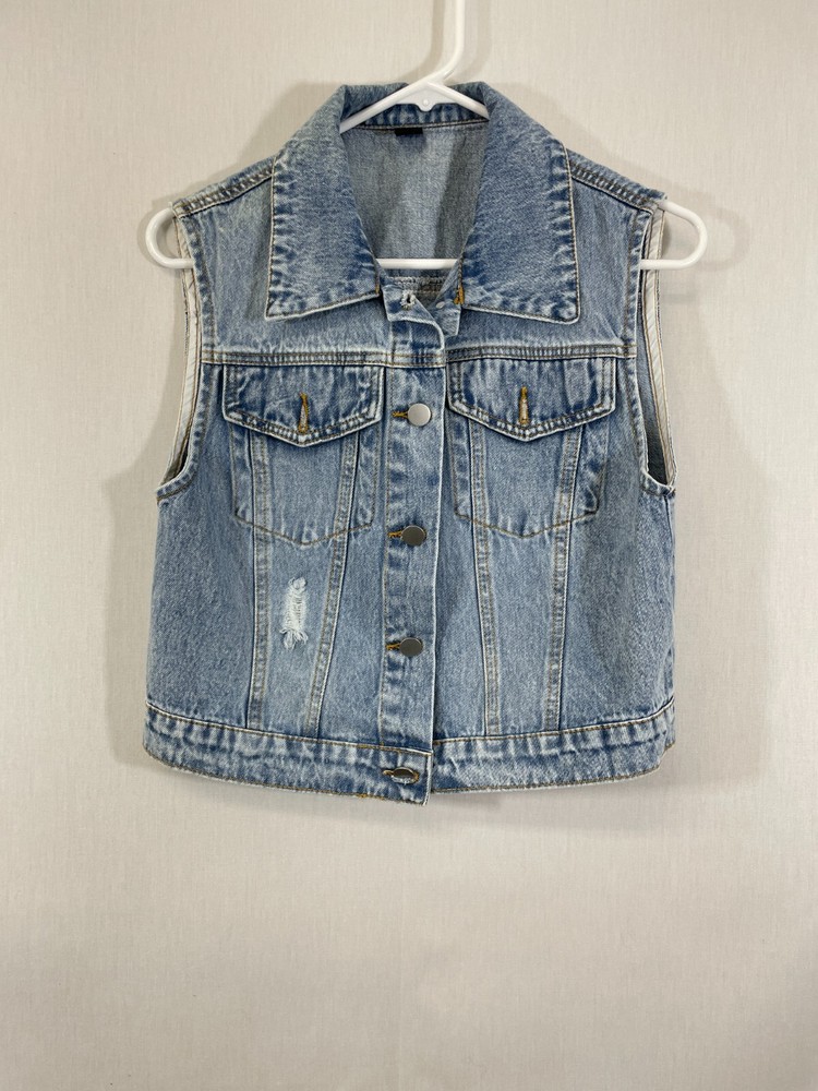 Shein Womens Blue Denim Front Flap Pockets Collared Button-Front Vest Size 2