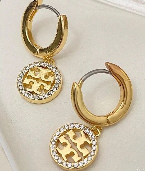 Tory Burch Crystal Lady Earrings Classic Double T Logo Hoop