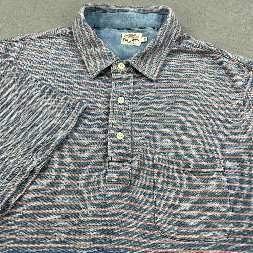 Faherty Polo Shirt Mens Large Blue Red Striped Indigo Dyed Chest Pocket Casual
