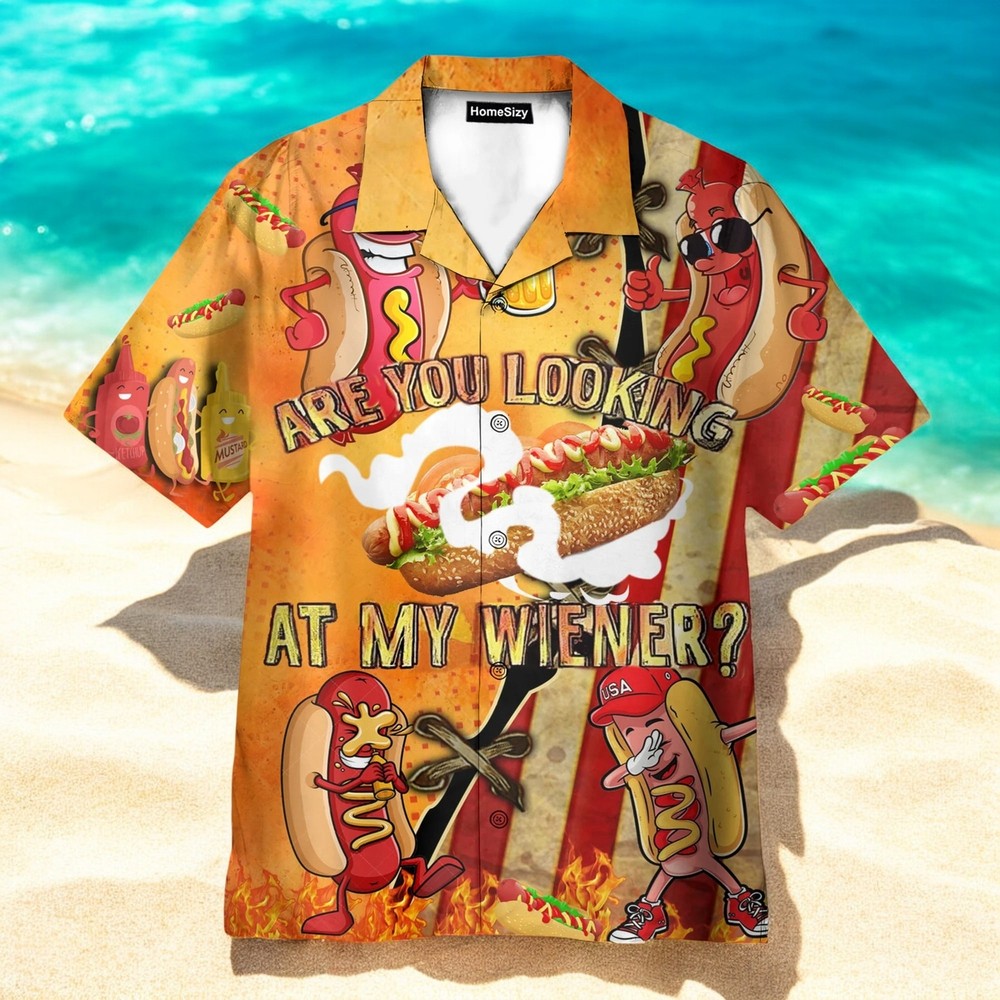 Stay Cool This Summer with the Are You Looking at My Wiener Hawaiian Shirt in US Men’s Sizes