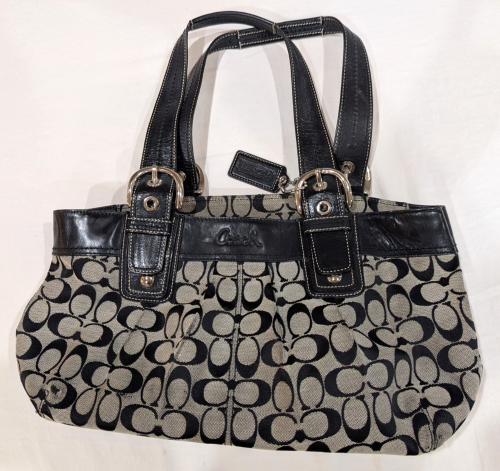 Coach Soho Pleated Tote Purse F13742 Handbag Canvas Leather Logo Black Beige