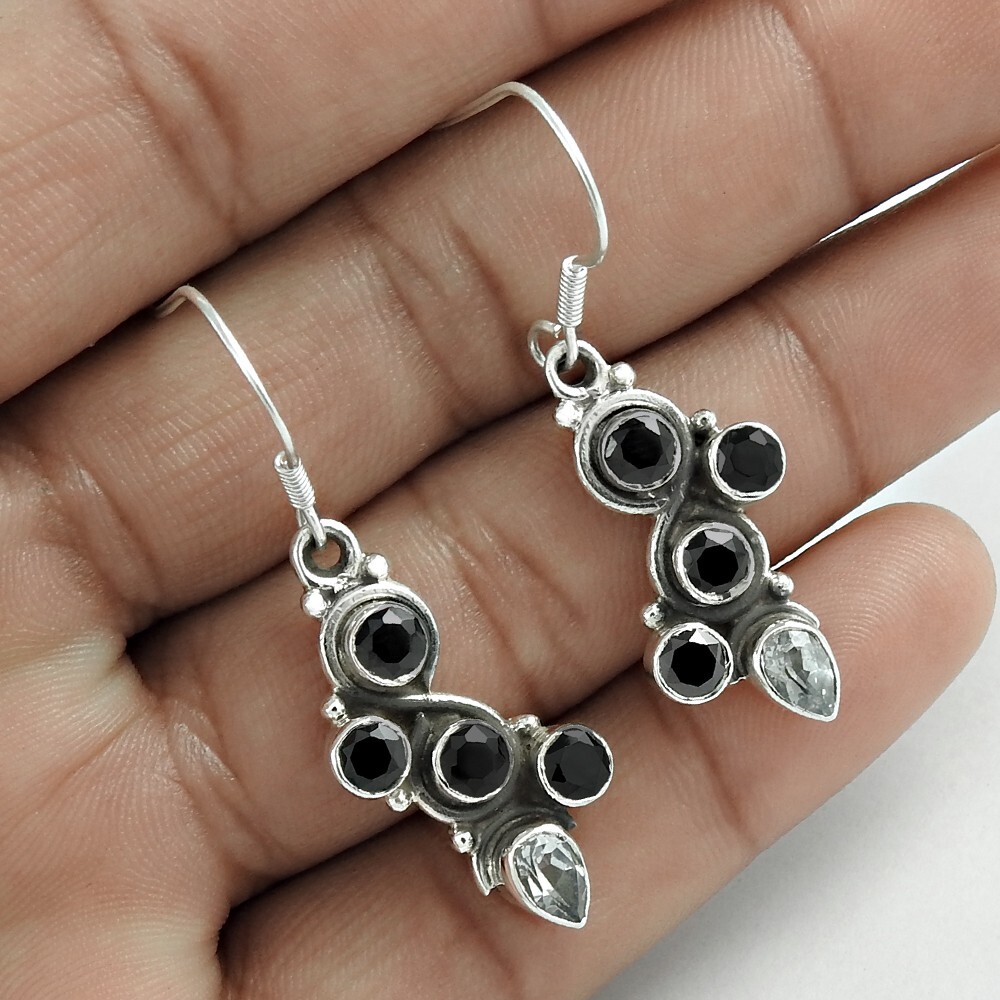 Elegant Bezel Drop Dangle Earrings in Solid Sterling Silver with Topaz and Cubic Zirconia