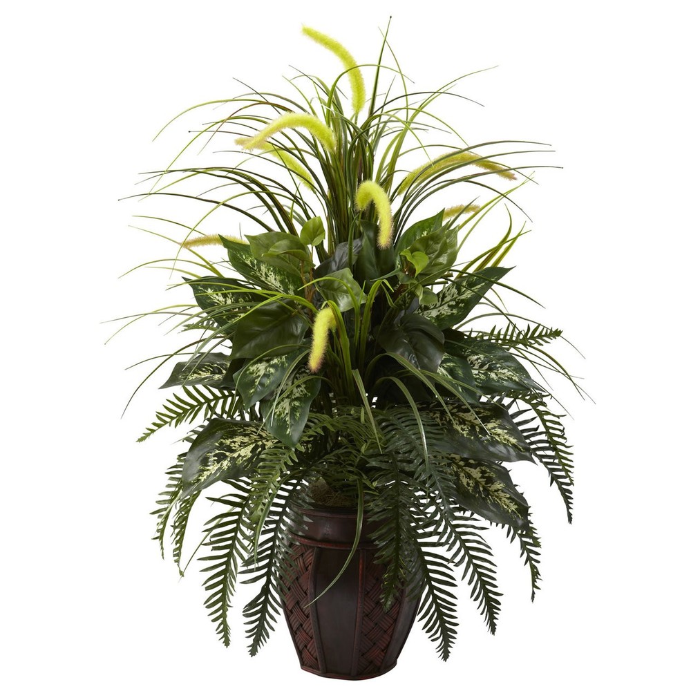 36-Inch Realistic Artificial Silk Fern and Cattails Plant in Bamboo Pot