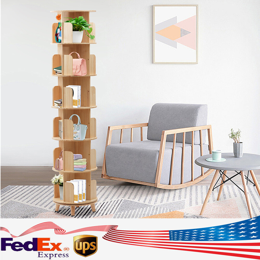 Rotating 6-Tier Wooden Cylinder Bookshelf for Books and Plant Display