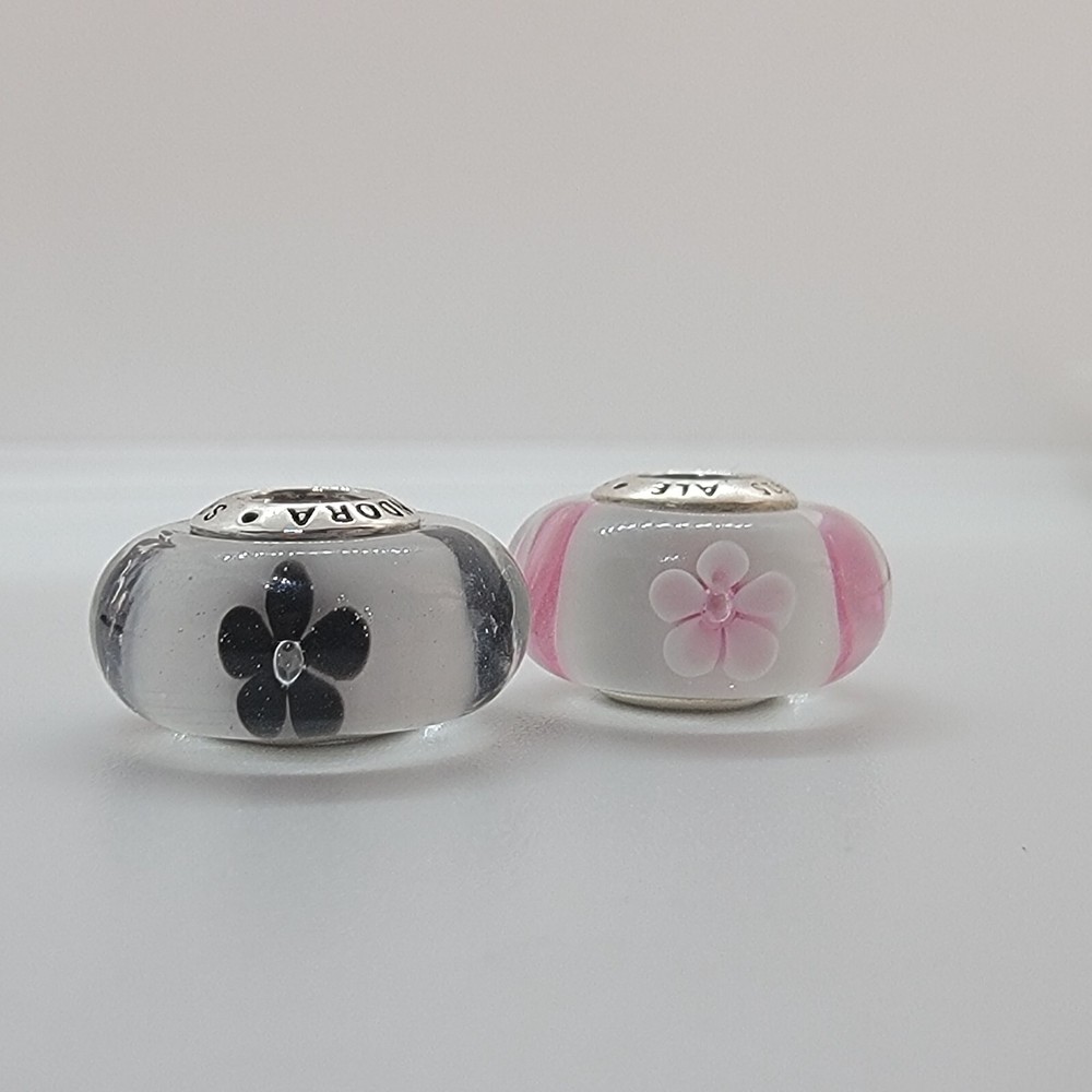 Set of 2 Pandora Authentic Pink & Black Cherry Murano Glass Charms