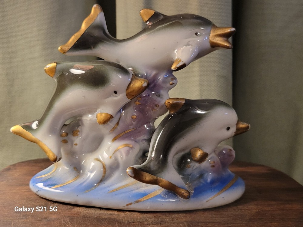 Vintage Swimming Dolphin Family Shell Figurine Ceramic Porcelain Nautical