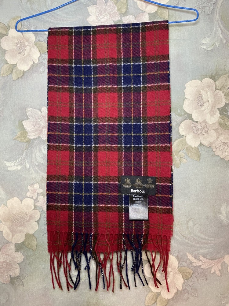 Barbour Women Men Scarf Tartan Plaid Wool Red Multicolor Size 70x10 inch