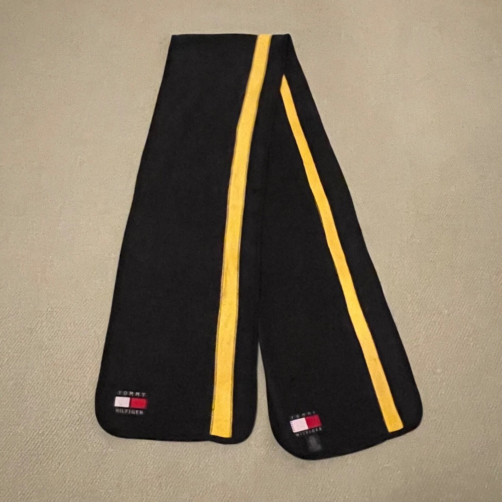 Tommy Hilfiger Scarf Black with Yellow Stripe 90s Vintage 180/26cm TH Flag Label